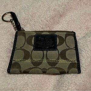 Coach Khaki Signature Jacquard Zip Card Case Keychain Unisex Black Leather Logo